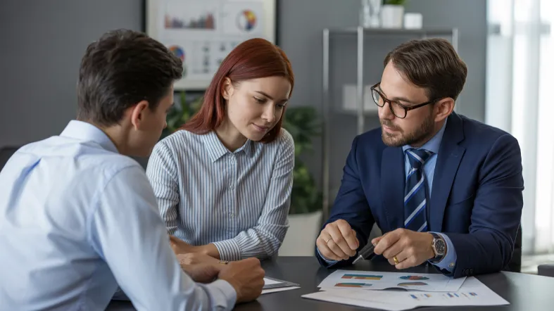 finansų konsultantas konsultuoja jauną porą